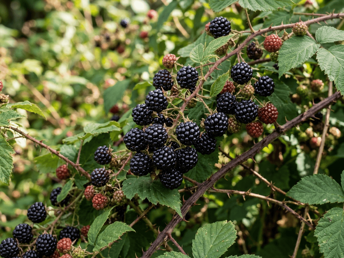 Schwarze Himbeere — Nahaufnahme von Blättern und Blüten