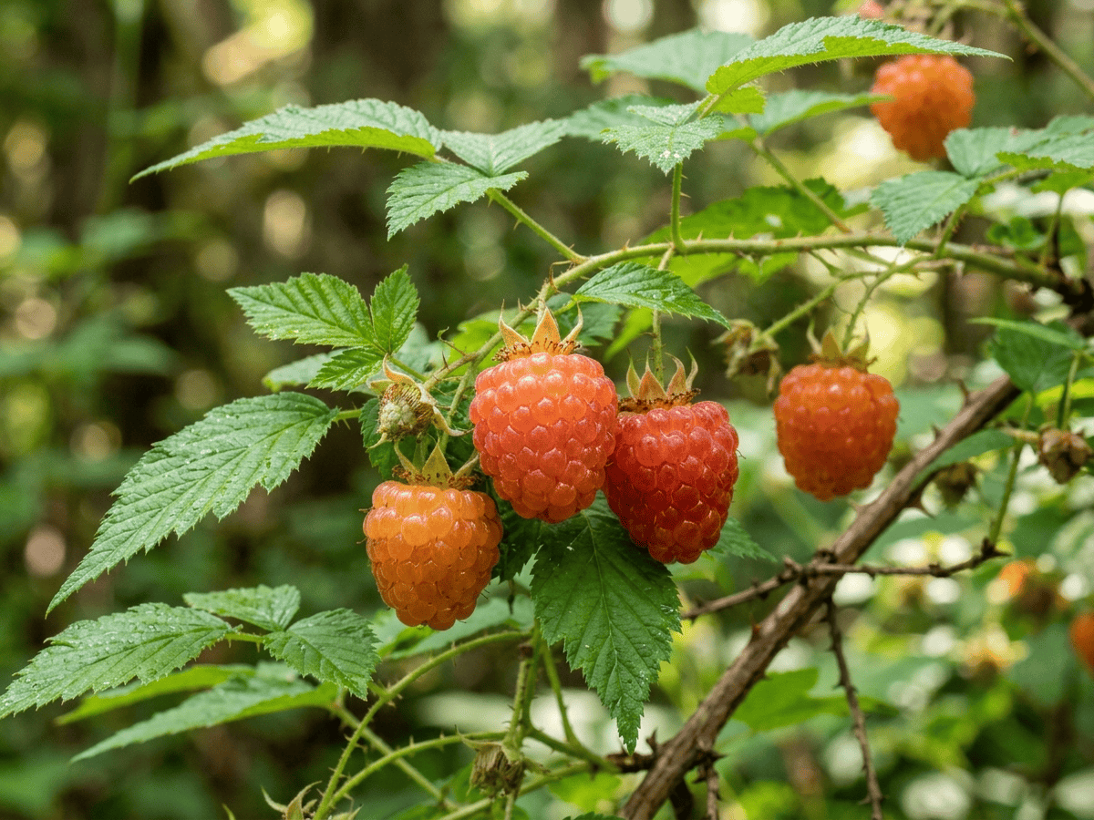 Prachthimbeere — Nahaufnahme von Blättern und Blüten