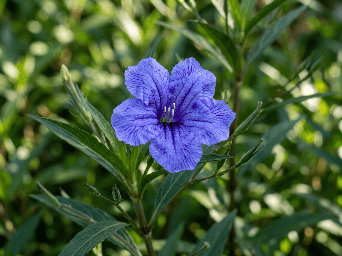 Mexikanische Ruellie — Nahaufnahme von Blättern und Blüten