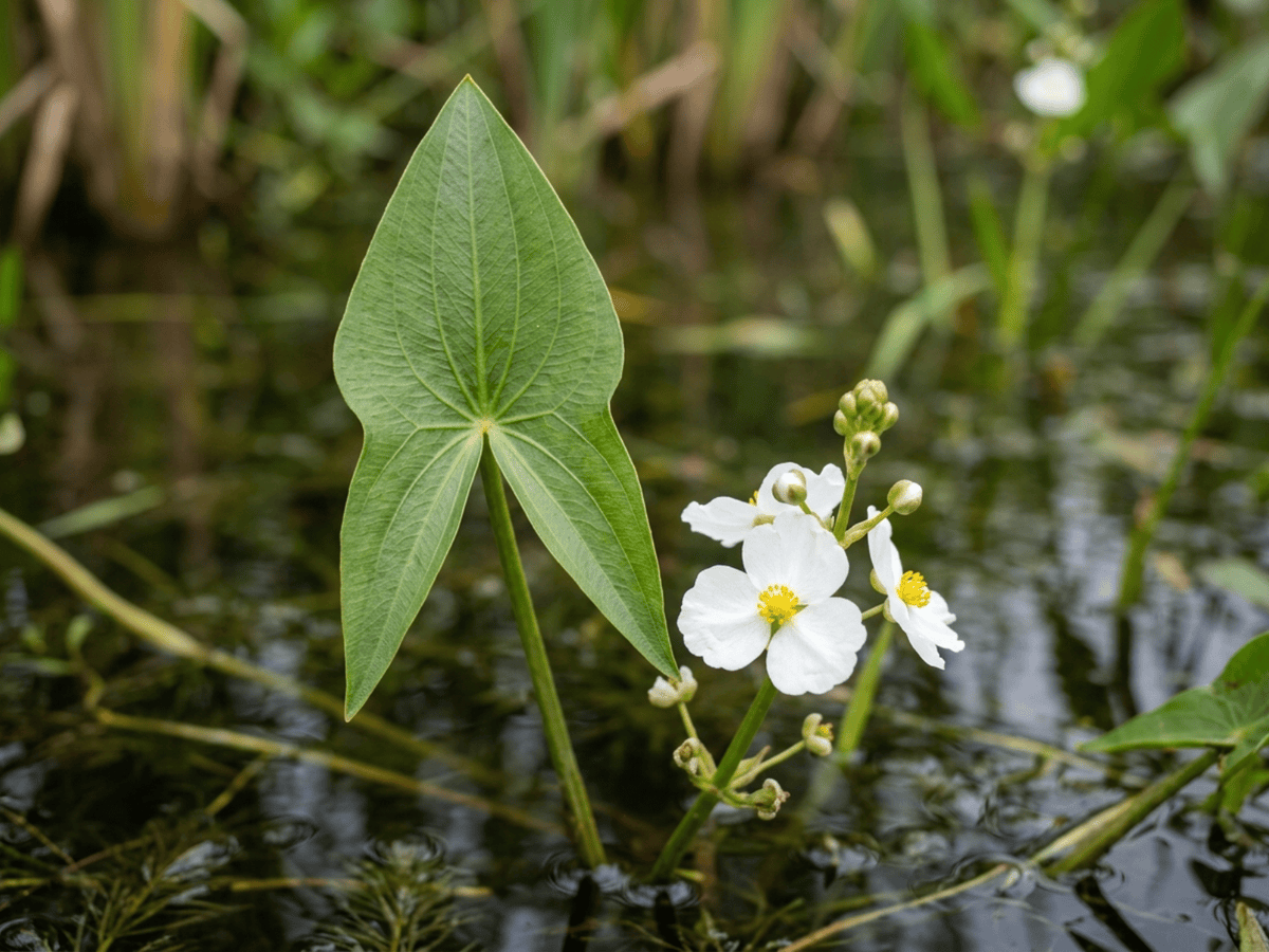 Sagittaire à larges feuilles — gros plan sur feuilles et fleurs