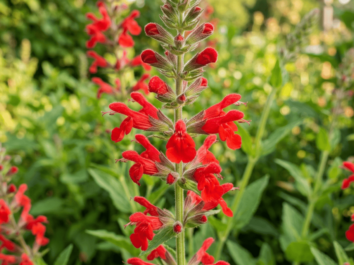 Salvia coccinea — primo piano di foglie e fiori