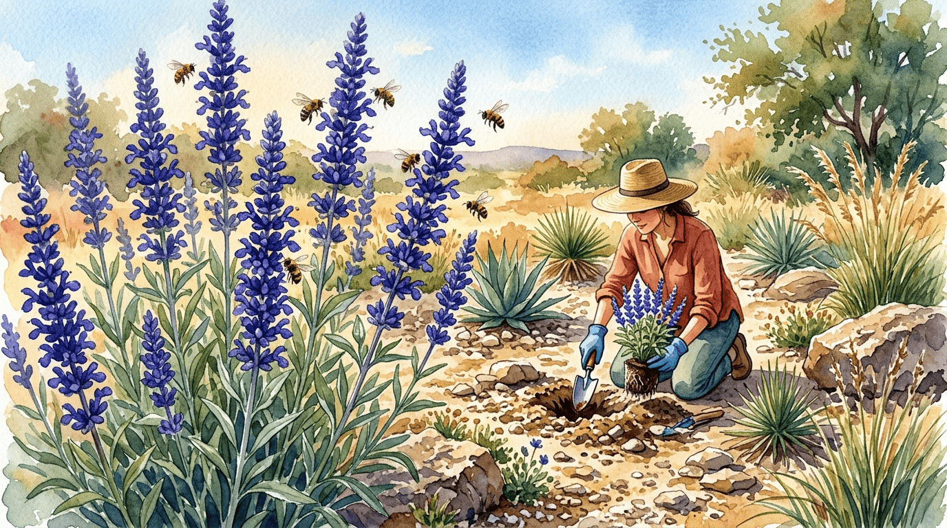 Illustrated historical scene for Mealy Blue Sage