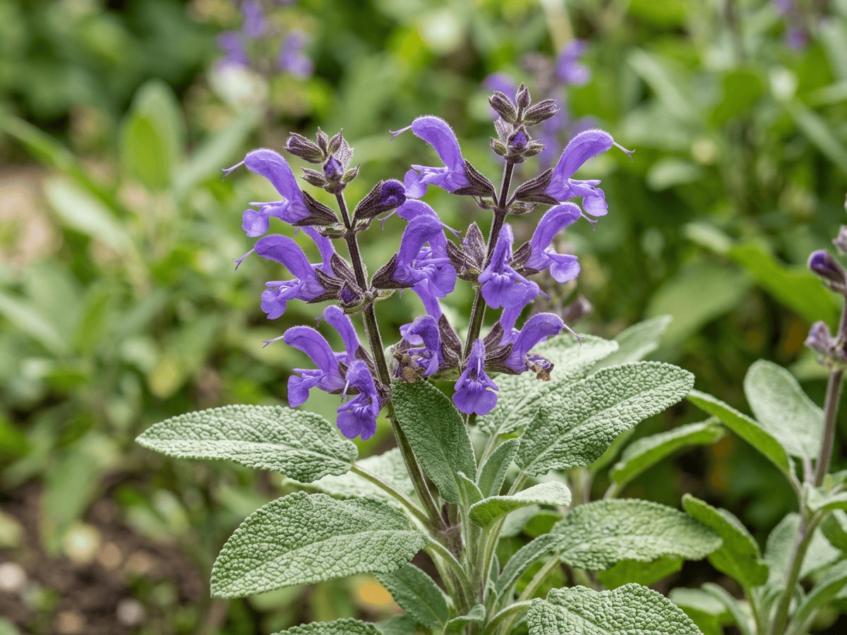 Salvia comune — primo piano di foglie e fiori