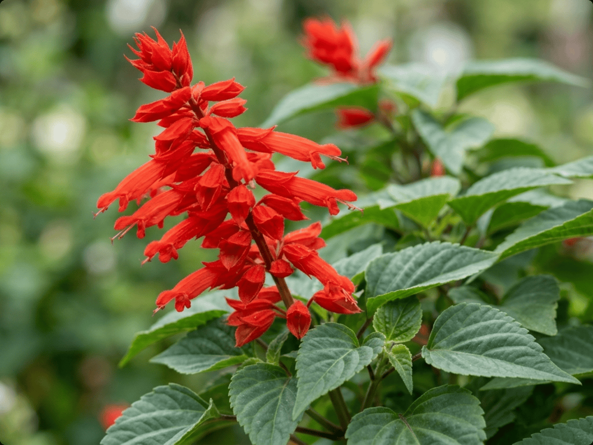 Scarlet Sage — close-up of leaves and flowers