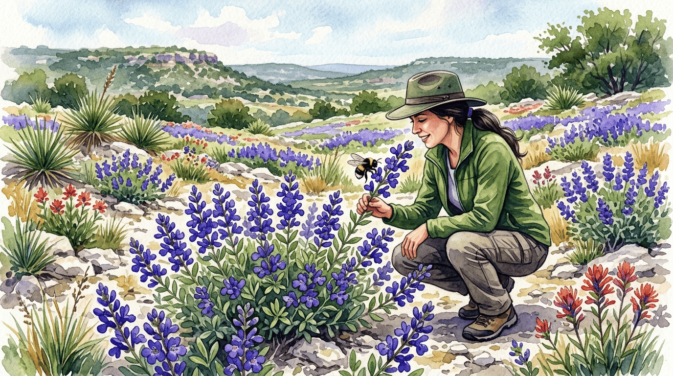 Escena histórica ilustrada de Salvia de Texas