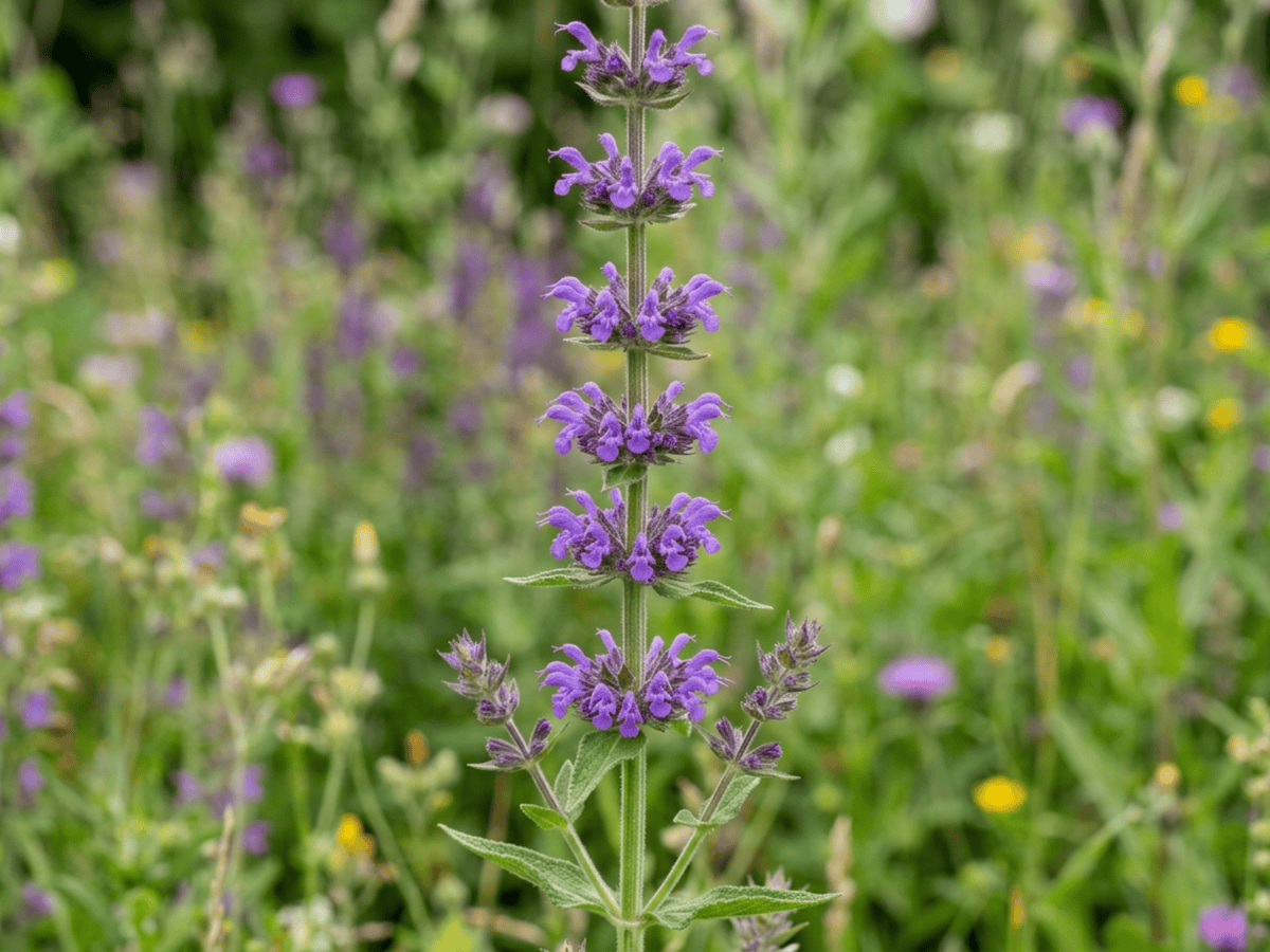 Salvia spuria — primo piano di foglie e fiori