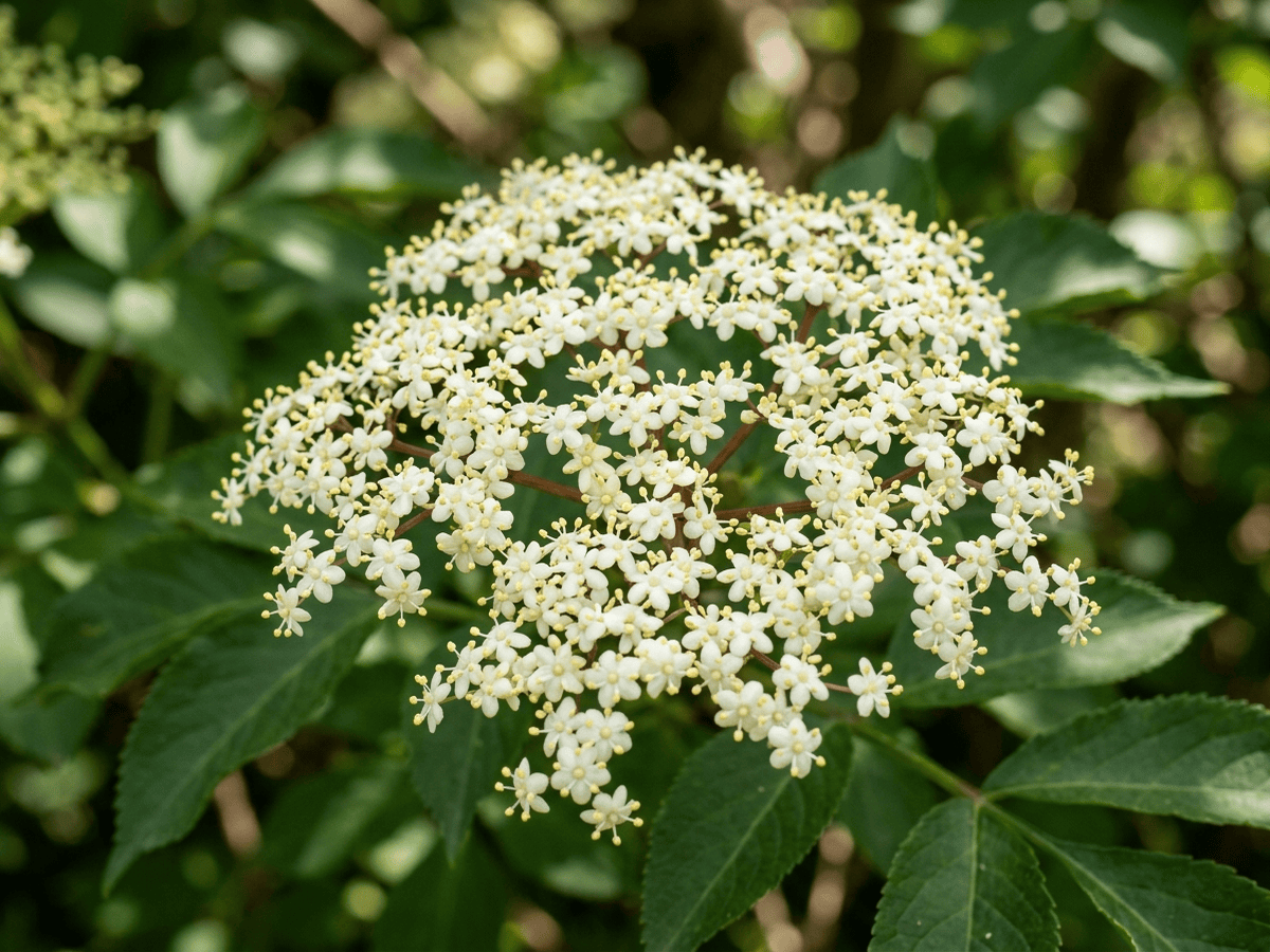 Sureau noir — gros plan sur feuilles et fleurs
