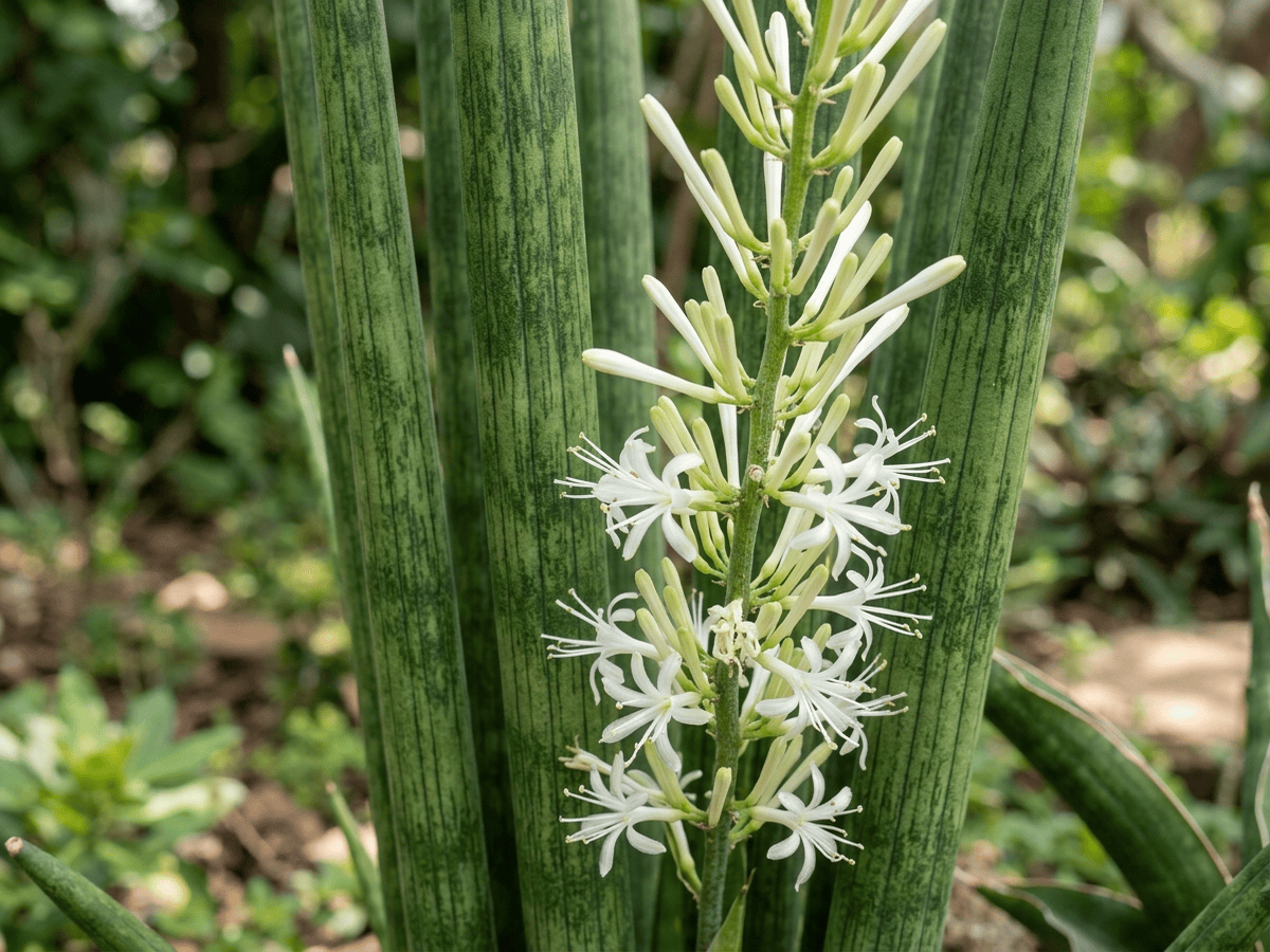 Zylindrischer Bogenhanf — Nahaufnahme von Blättern und Blüten