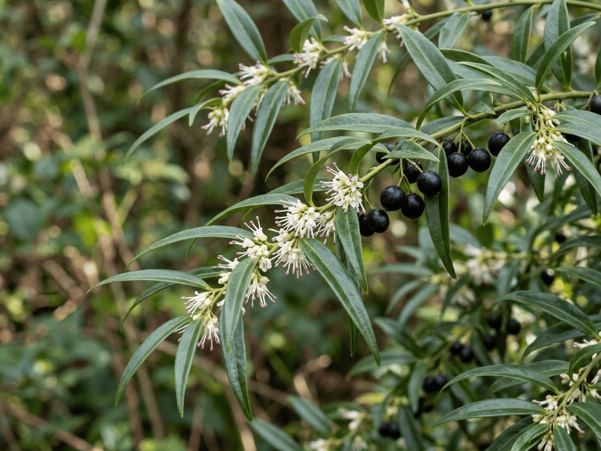 boj dulce del Himalaya — primer plano de hojas y flores