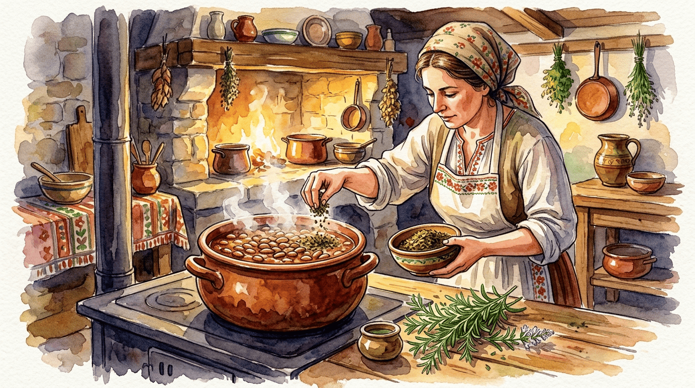 Illustrierte historische Szene zu Bohnenkraut