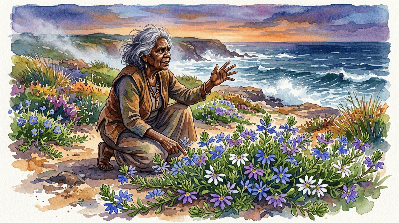 Escena histórica ilustrada de flor de abanico blanca