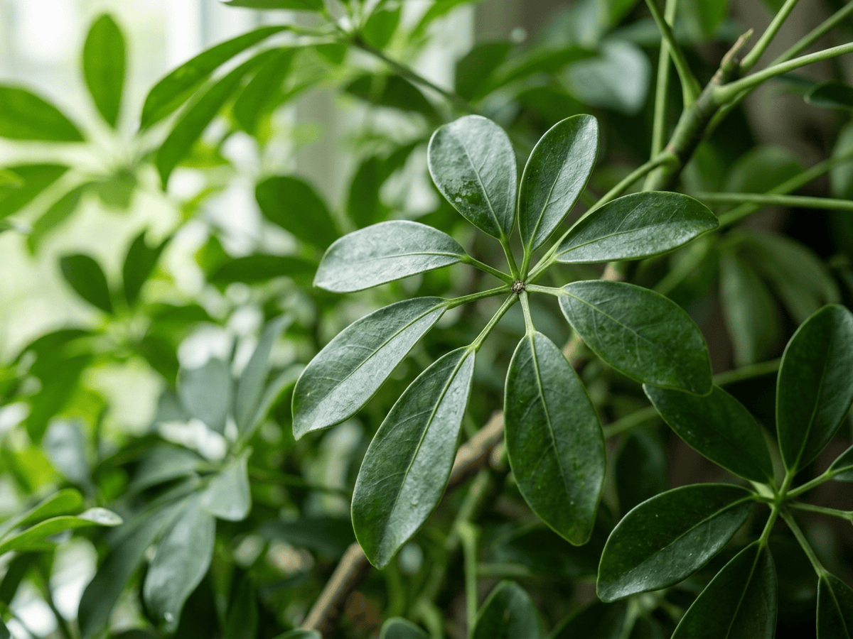 Miniature Umbrella Tree — close-up of leaves and flowers
