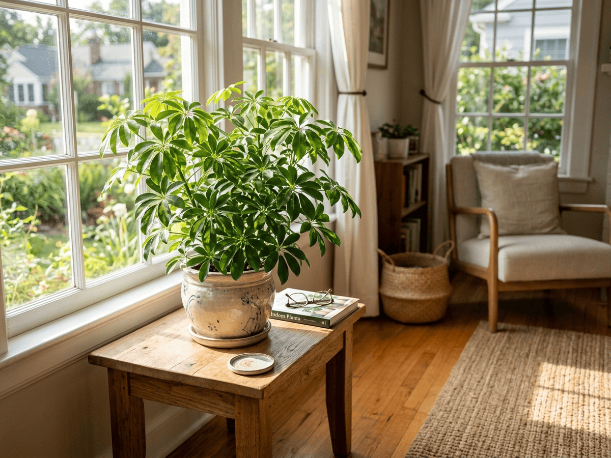 Miniature Umbrella Tree in a garden setting