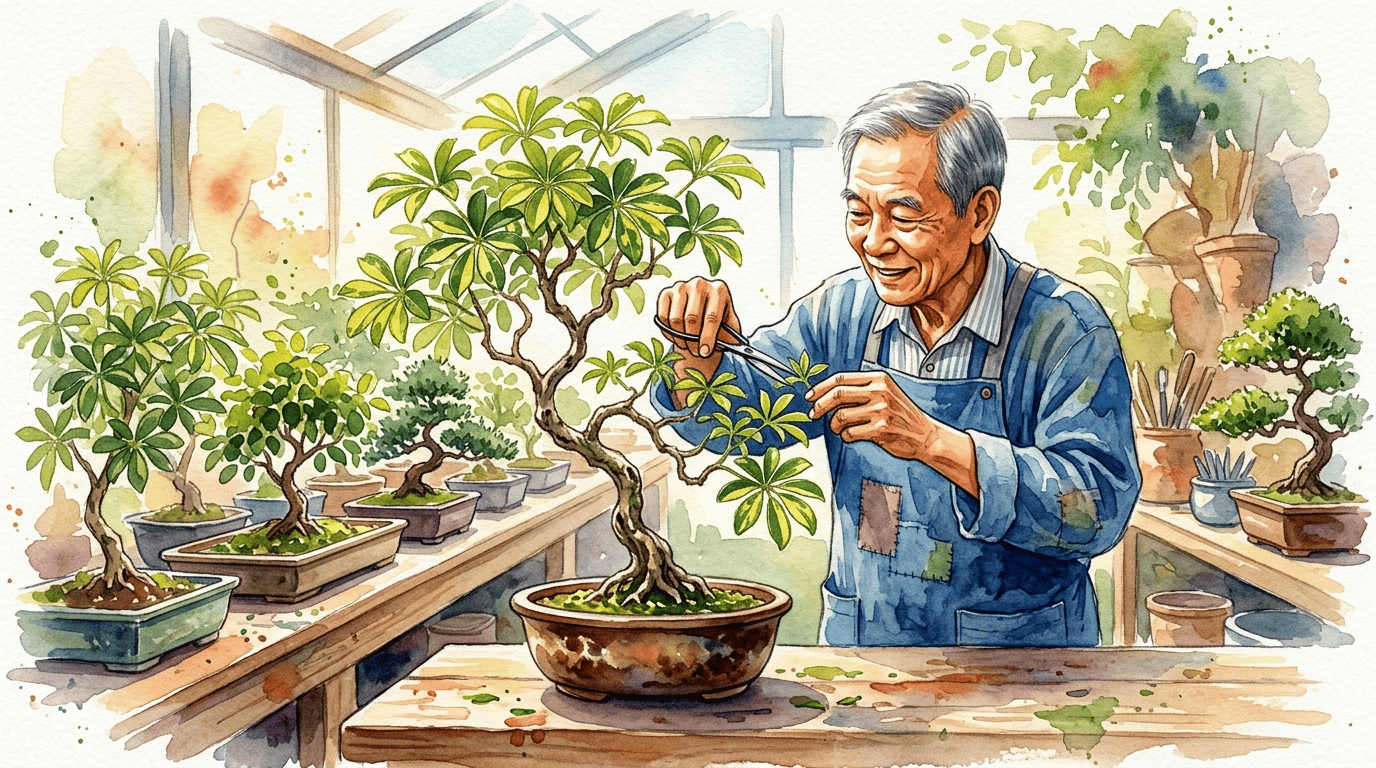 Illustrated historical scene for Miniature Umbrella Tree