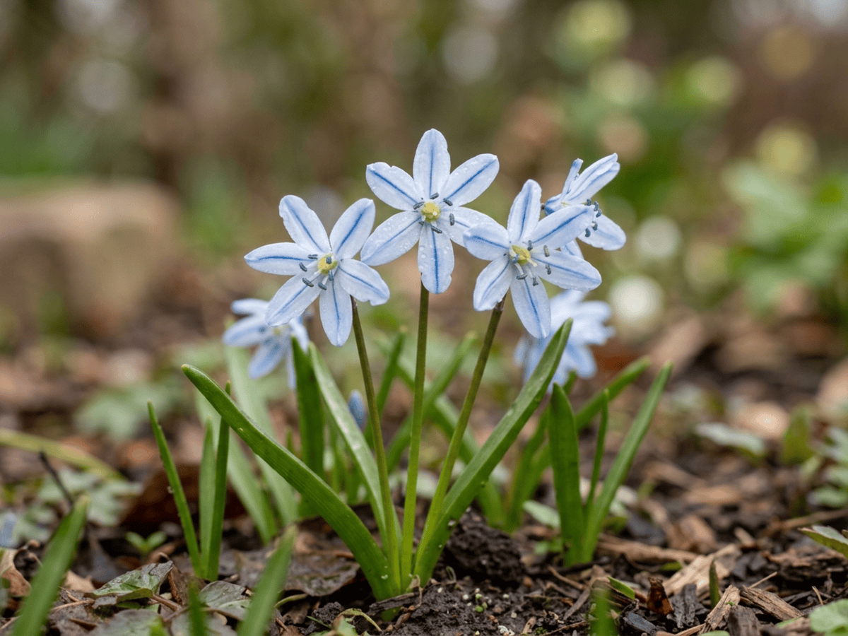 Mischtschenko-Blaustern — Nahaufnahme von Blättern und Blüten