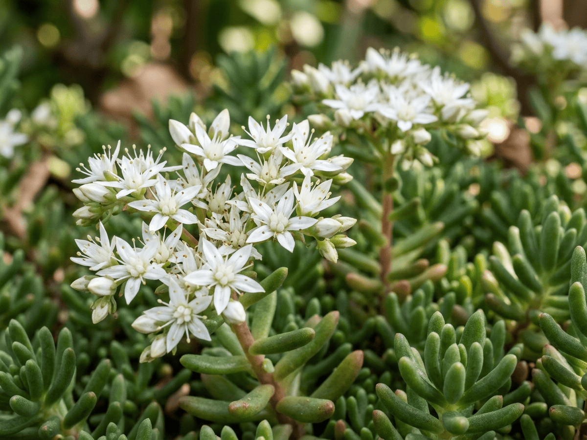 Borracina bianca — primo piano di foglie e fiori