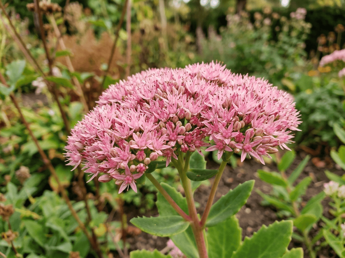 Prächtige Fetthenne — Nahaufnahme von Blättern und Blüten