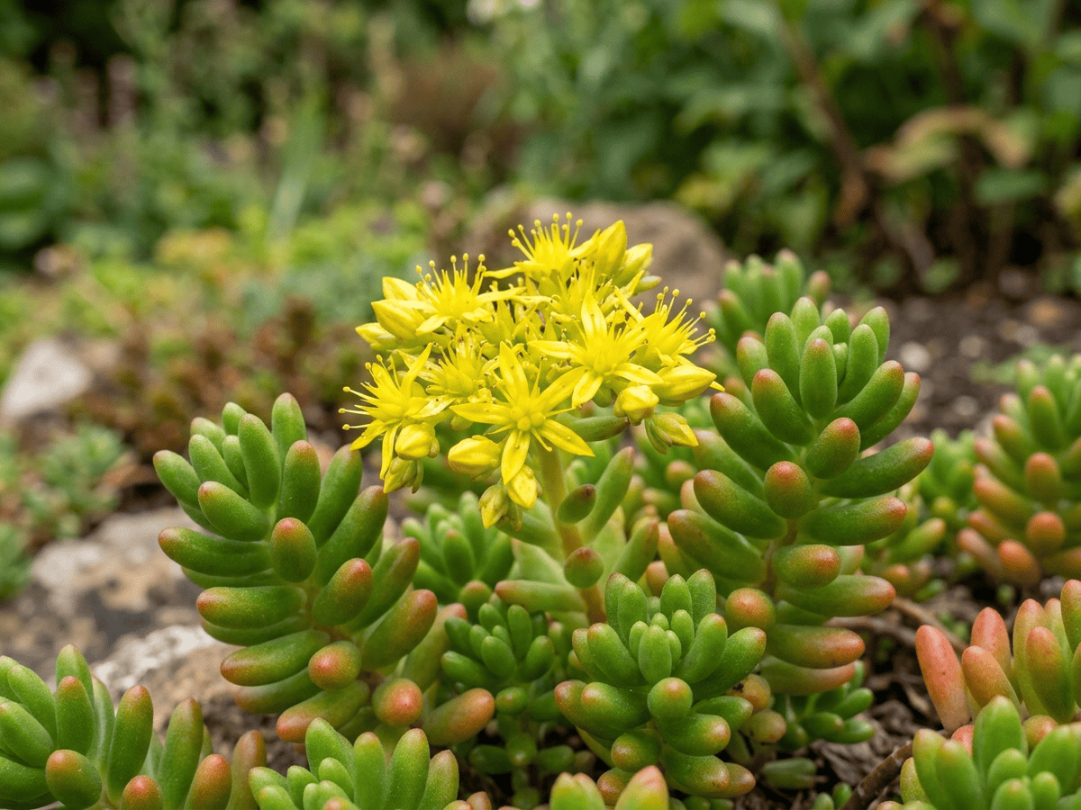 Sedum rubrotinctum — primo piano di foglie e fiori