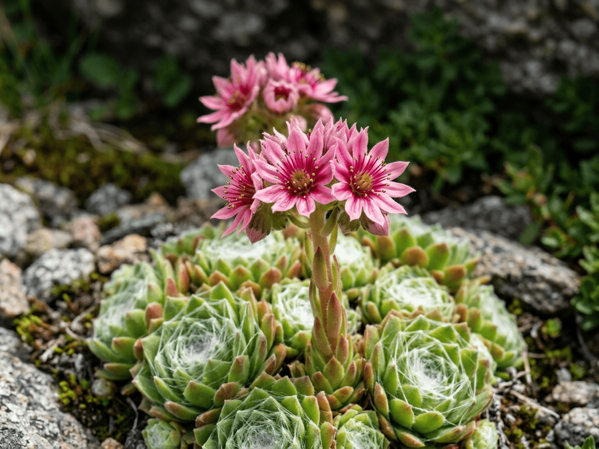 Spinnweben-Hauswurz — Nahaufnahme von Blättern und Blüten