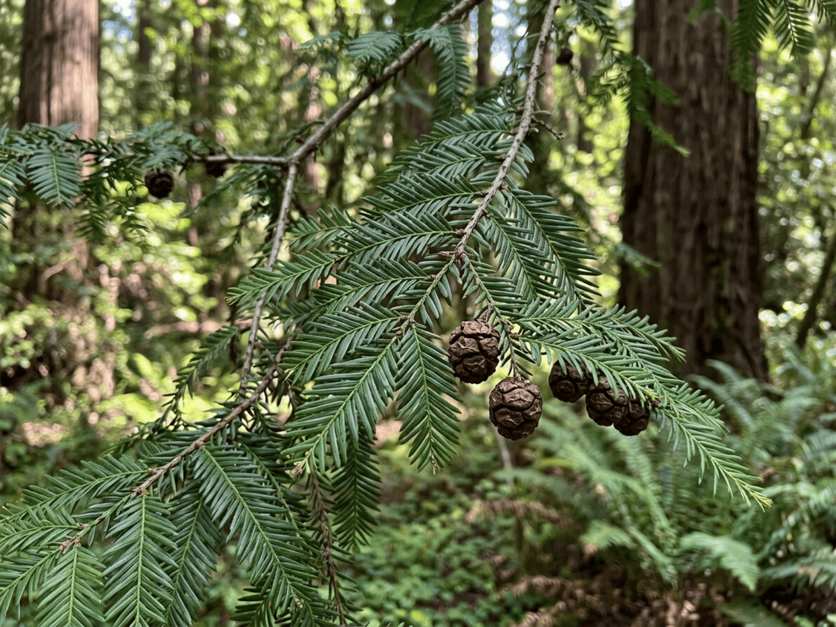 Küstenmammutbaum — Nahaufnahme von Blättern und Blüten
