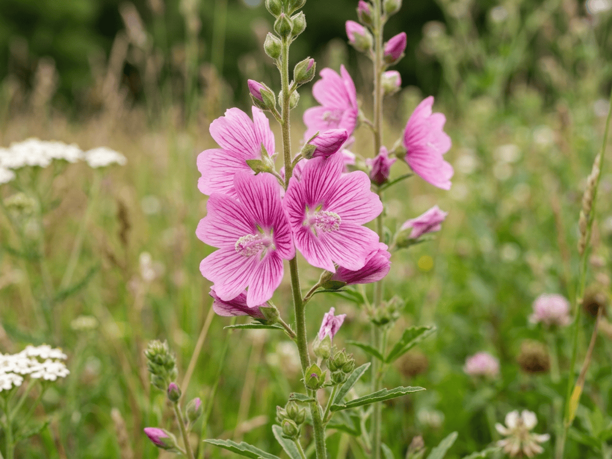 Malvenblütige Präriemalve — Nahaufnahme von Blättern und Blüten