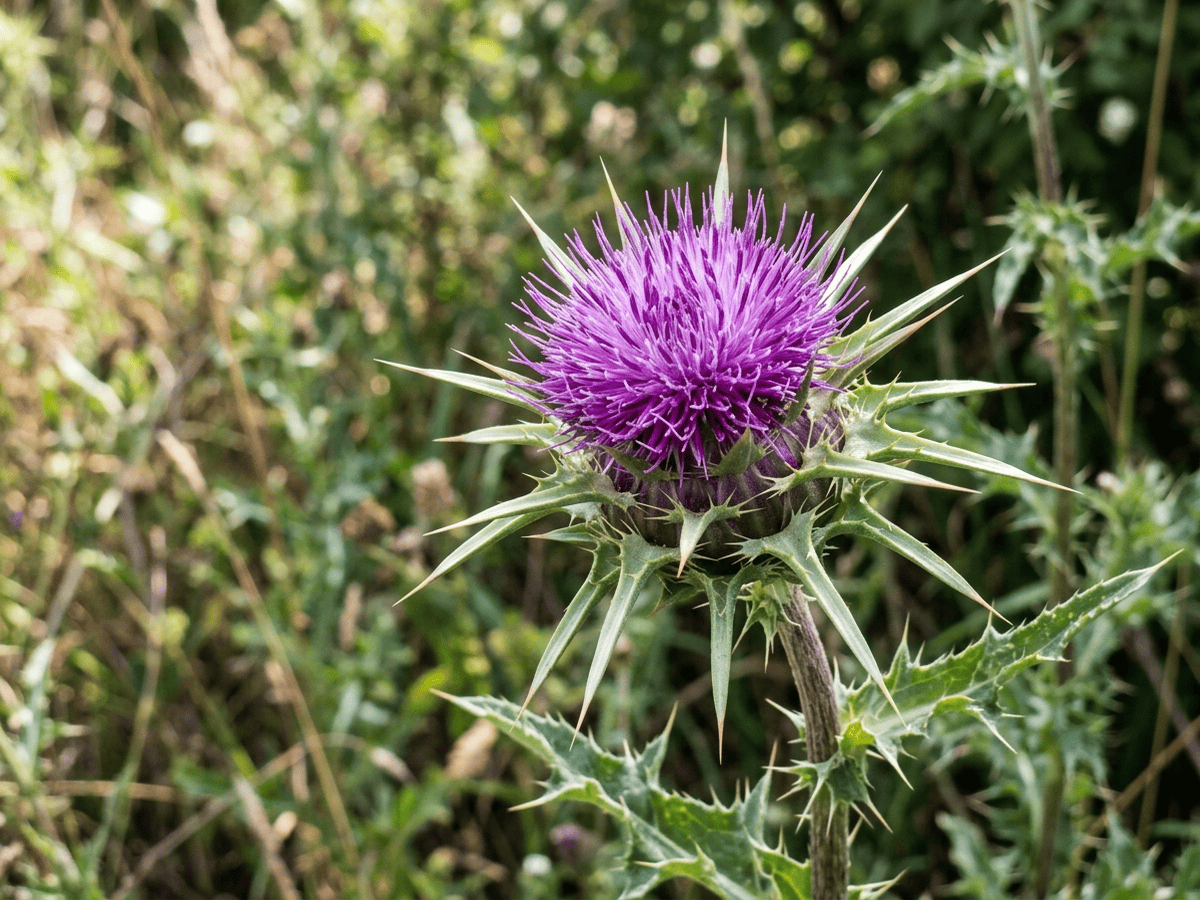 Mariendistel — Nahaufnahme von Blättern und Blüten