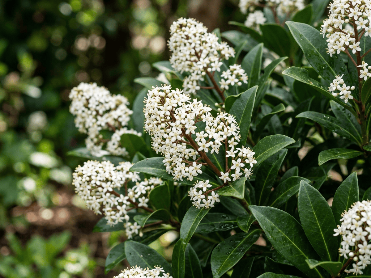 Japanese Skimmia — close-up of leaves and flowers