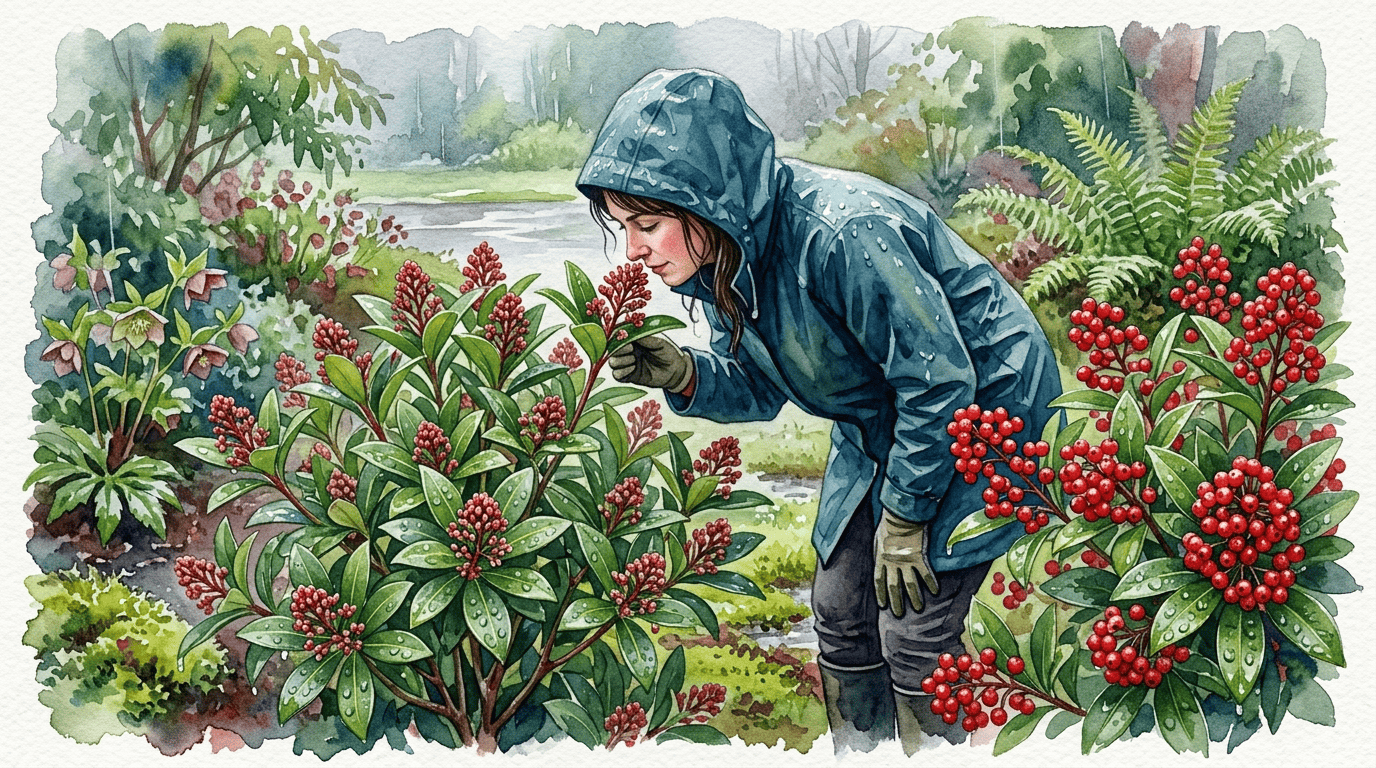 Illustrated historical scene for Japanese Skimmia