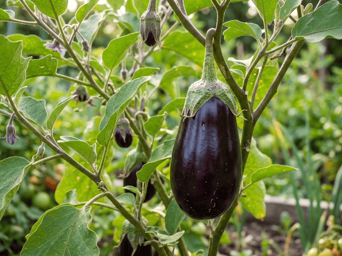 Eggplant — close-up of leaves and flowers