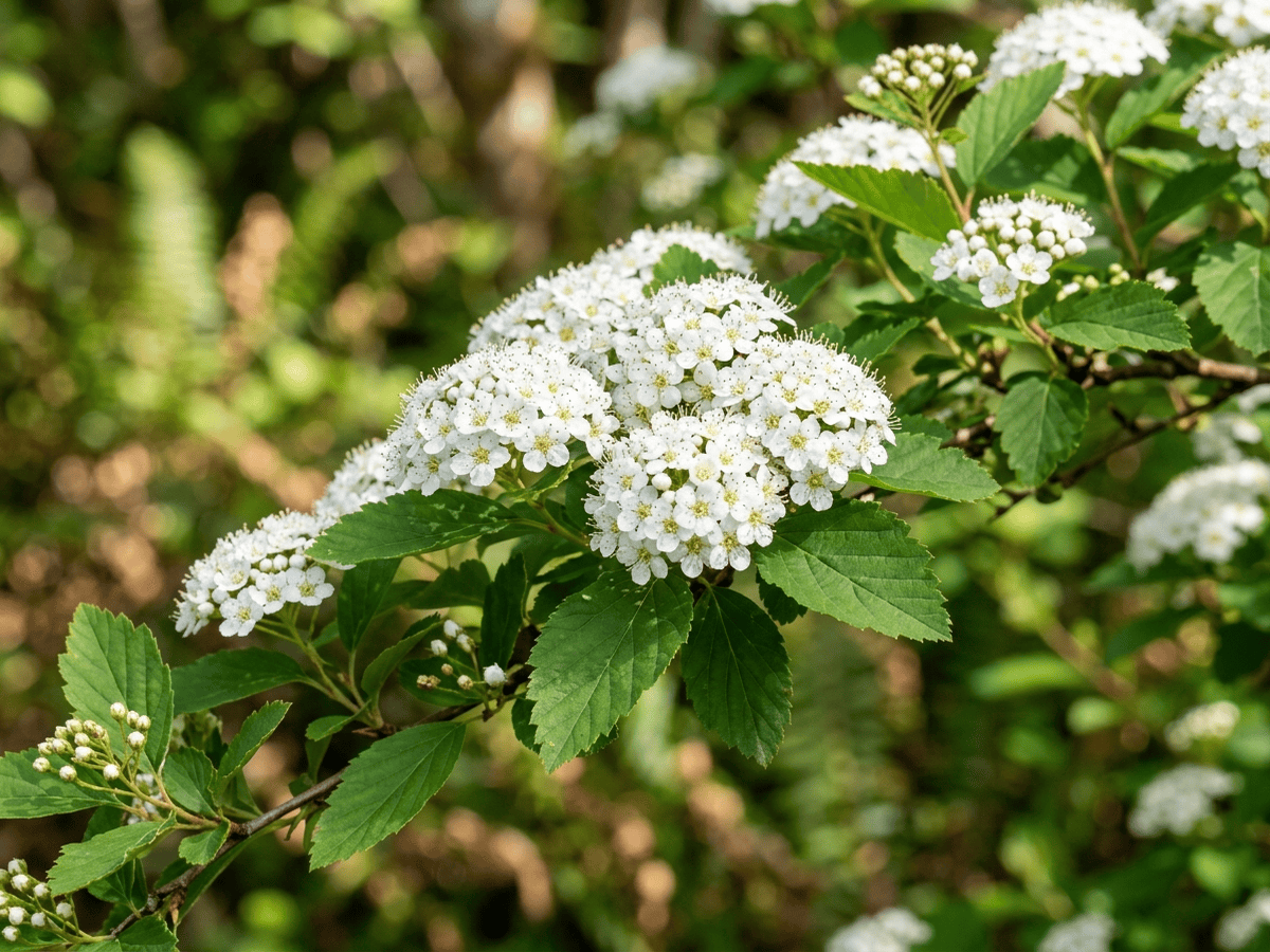 Spirée à feuilles de bouleau — gros plan sur feuilles et fleurs