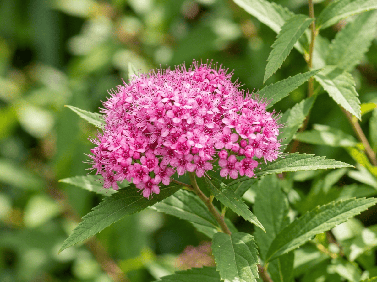Spirée du Japon — gros plan sur feuilles et fleurs
