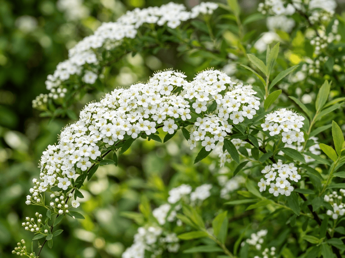 Nippon-Spierstrauch — Nahaufnahme von Blättern und Blüten