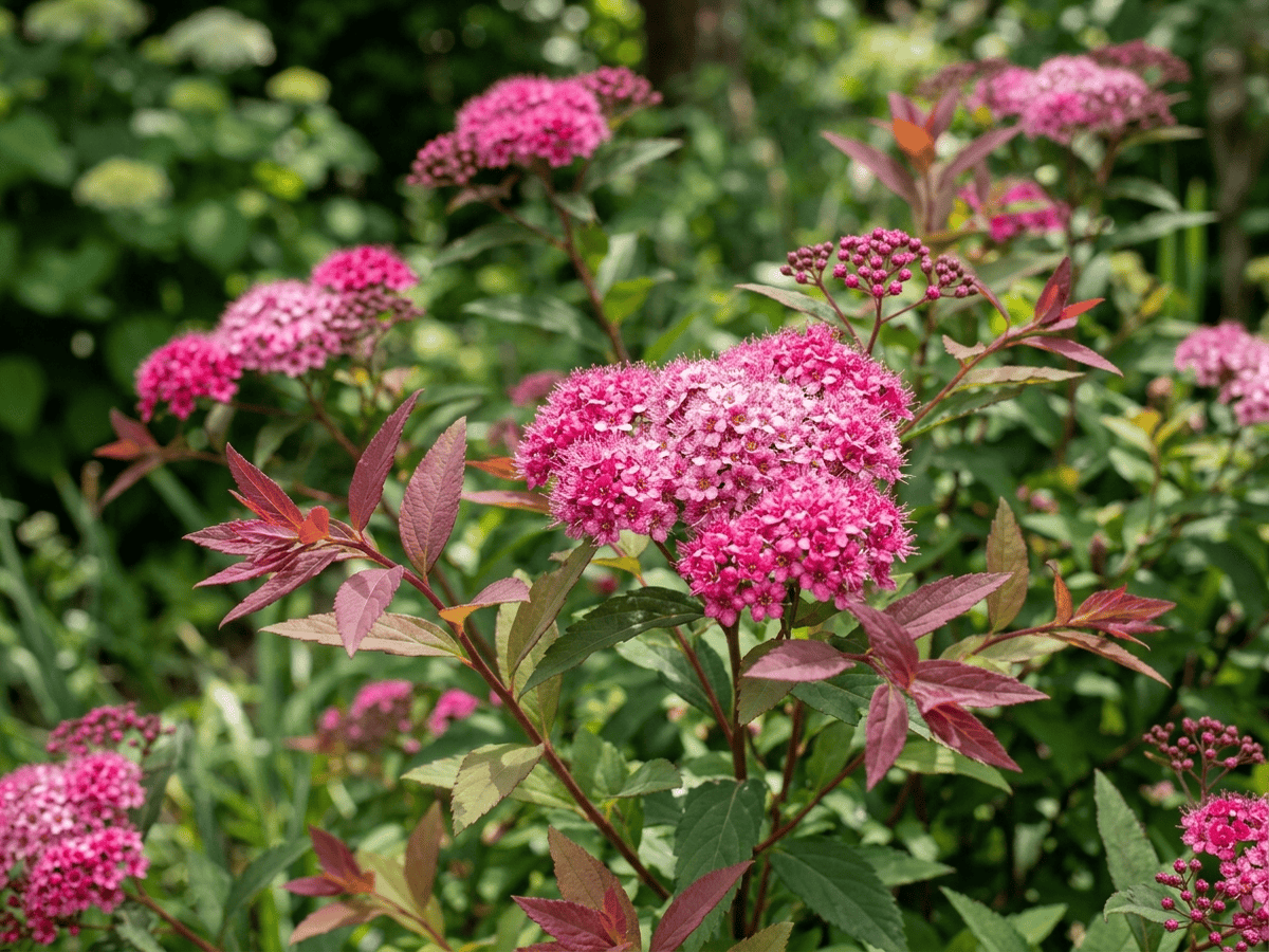 Japanese Spiraea — close-up of leaves and flowers