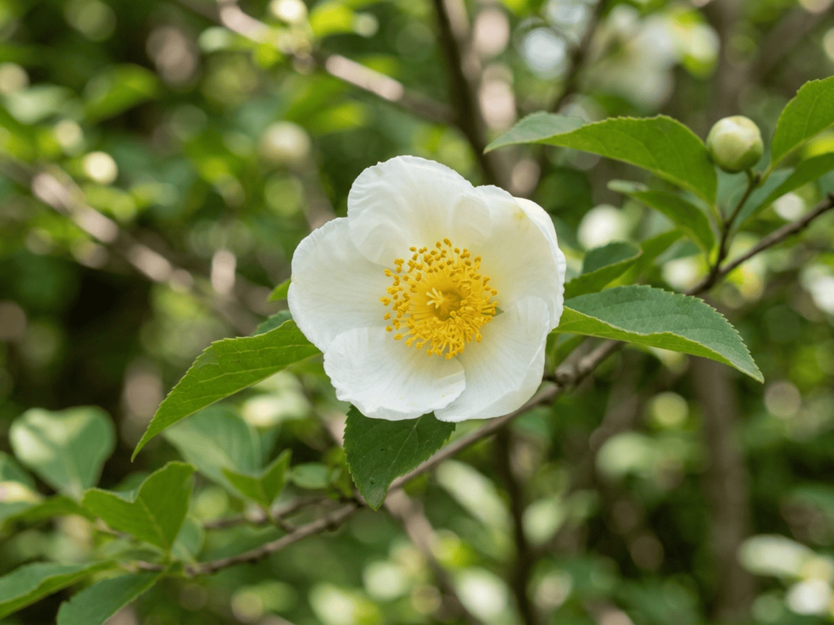 Japanese Stewartia — close-up of leaves and flowers