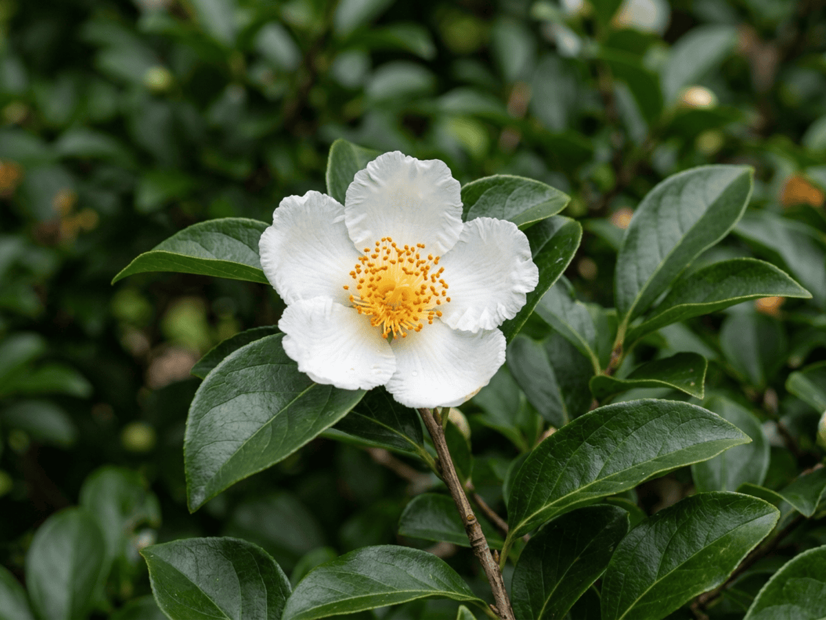 Stewartia alta — primo piano di foglie e fiori