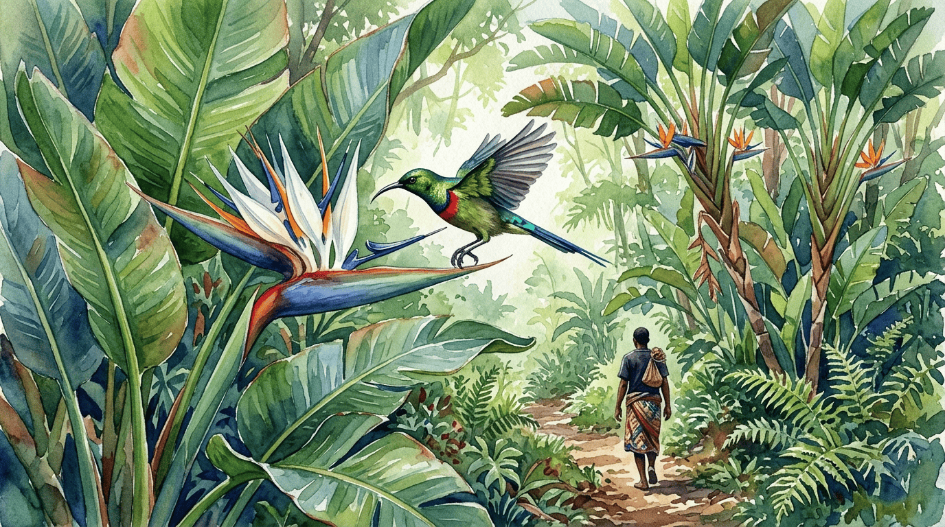 Illustrated historical scene for Giant Bird-Of-Paradise Flower
