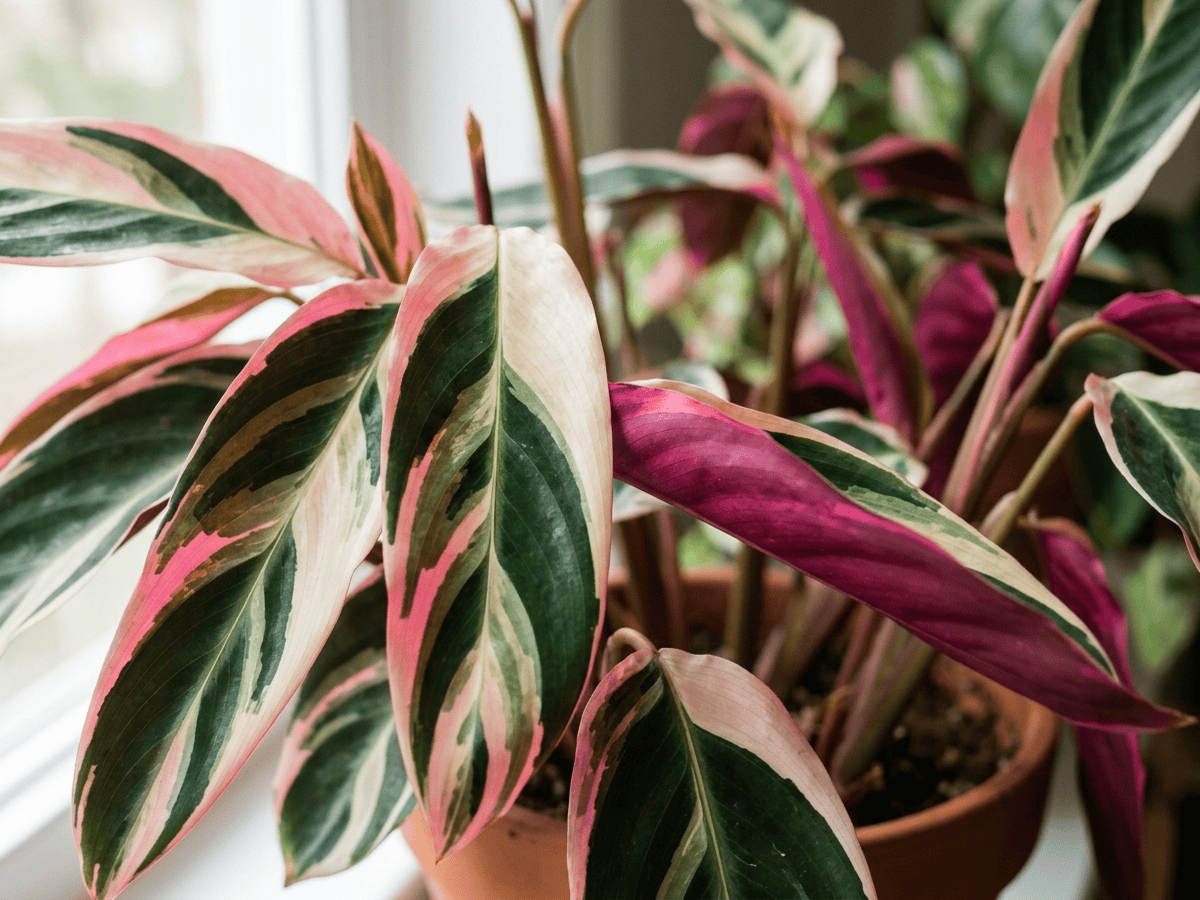Stromanthe triostar — gros plan sur feuilles et fleurs
