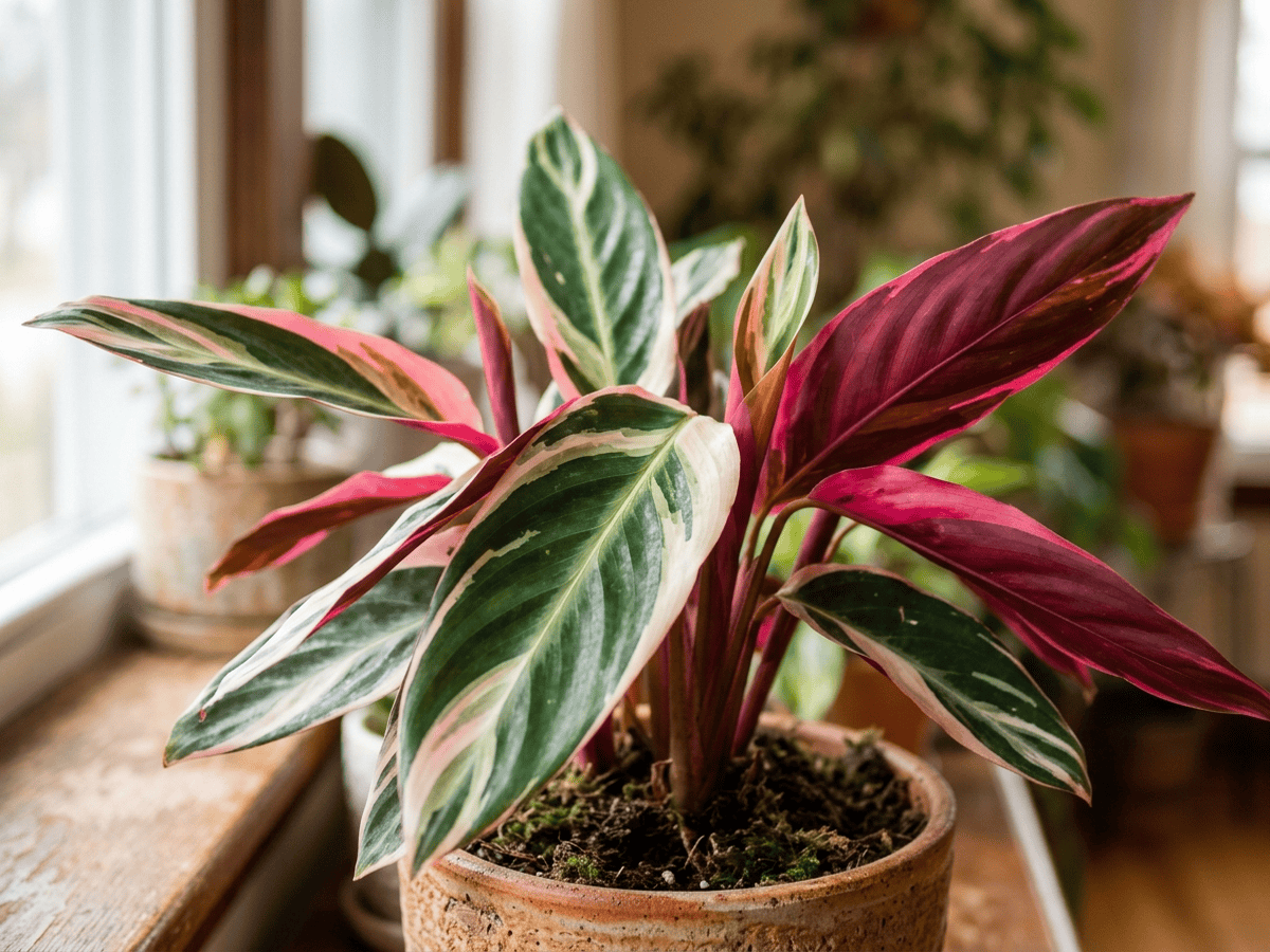 Stromanthe Triostar — primo piano di foglie e fiori