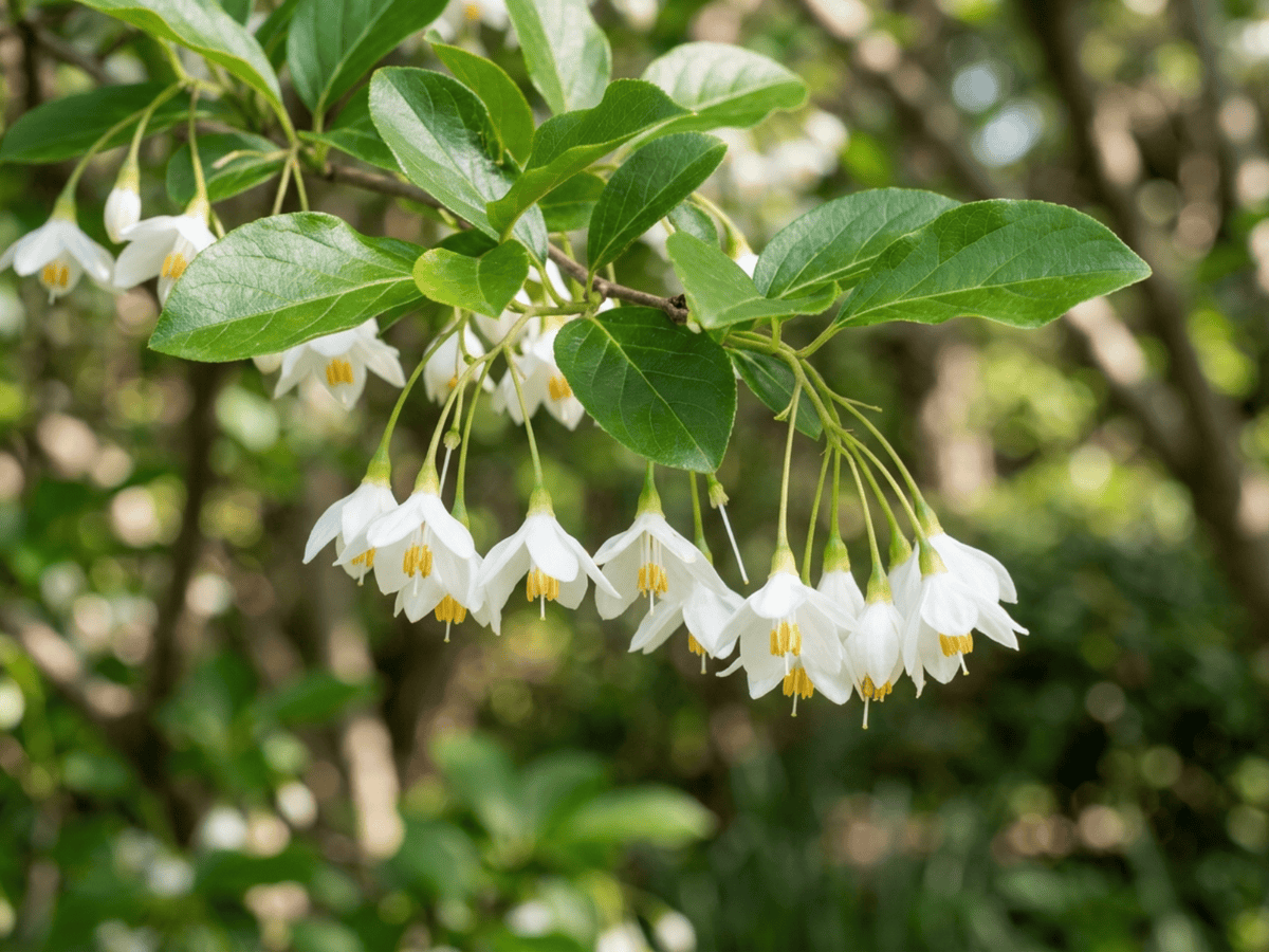 Japanese Snowbell — close-up of leaves and flowers