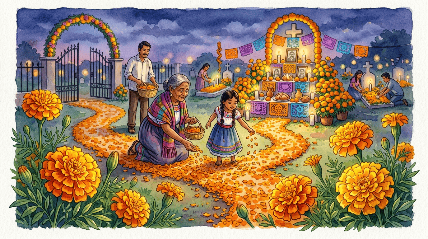 Escena histórica ilustrada de Cempasúchil