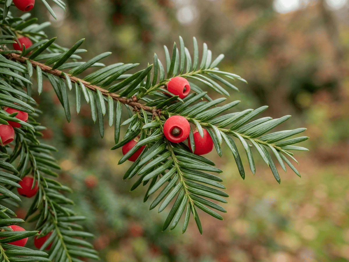 Anglo-Japanese Yew — close-up of leaves and flowers