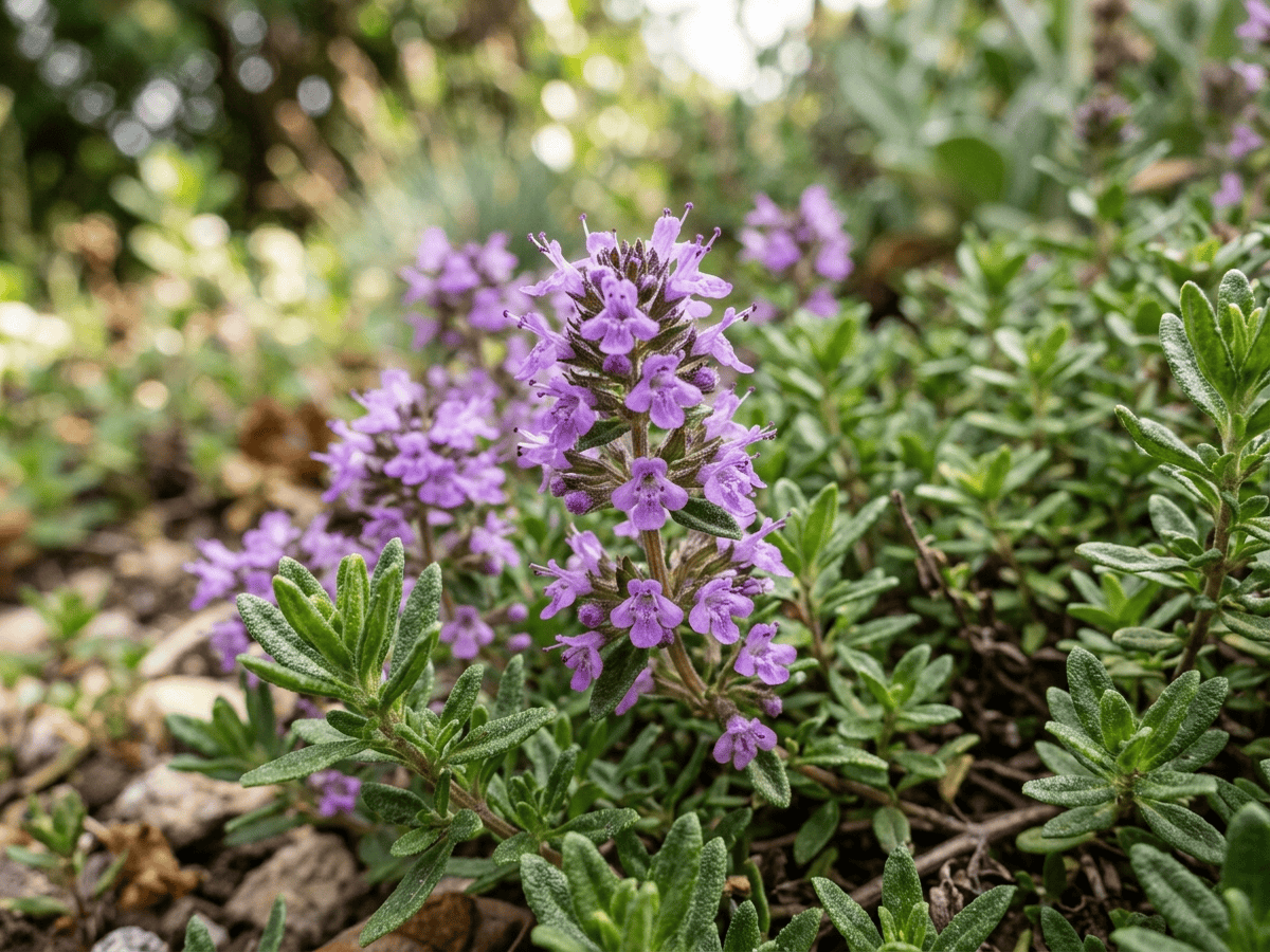 Echter Thymian — Nahaufnahme von Blättern und Blüten