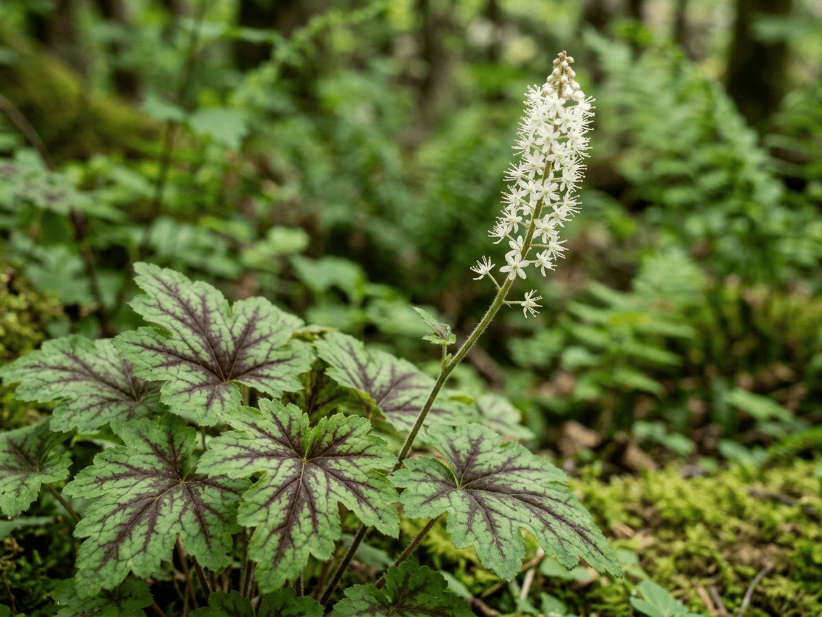 Heartleaf Foamflower — close-up of leaves and flowers