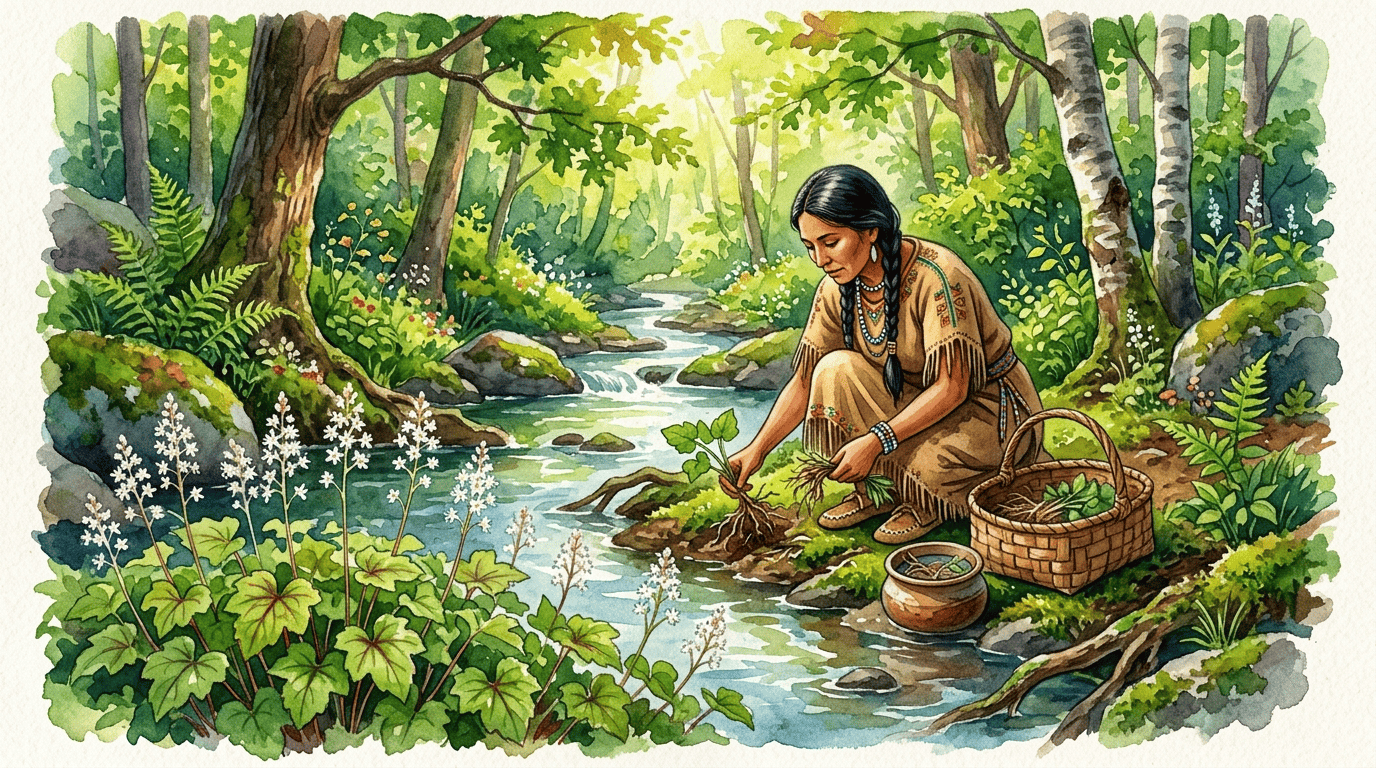 Illustrated historical scene for Heartleaf Foamflower