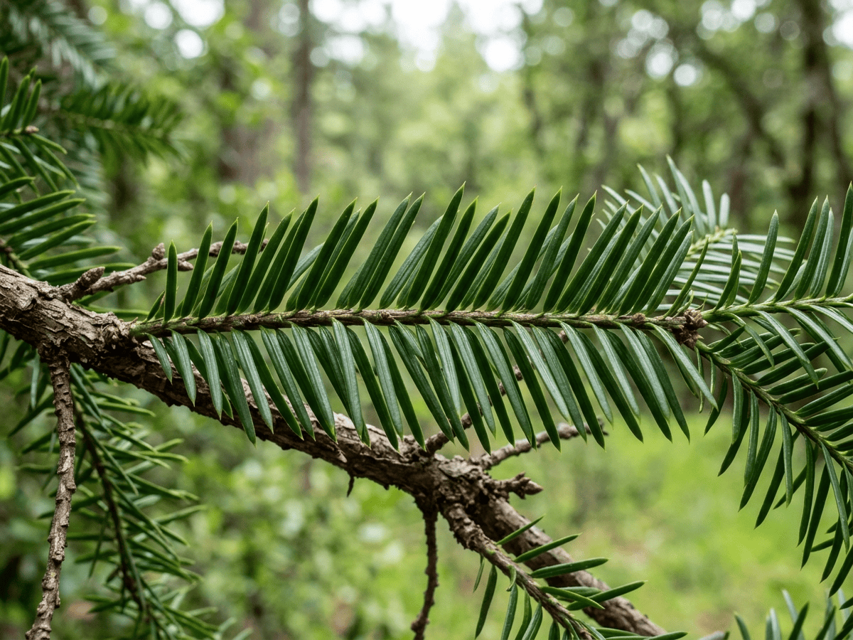 Torreya de California — primer plano de hojas y flores