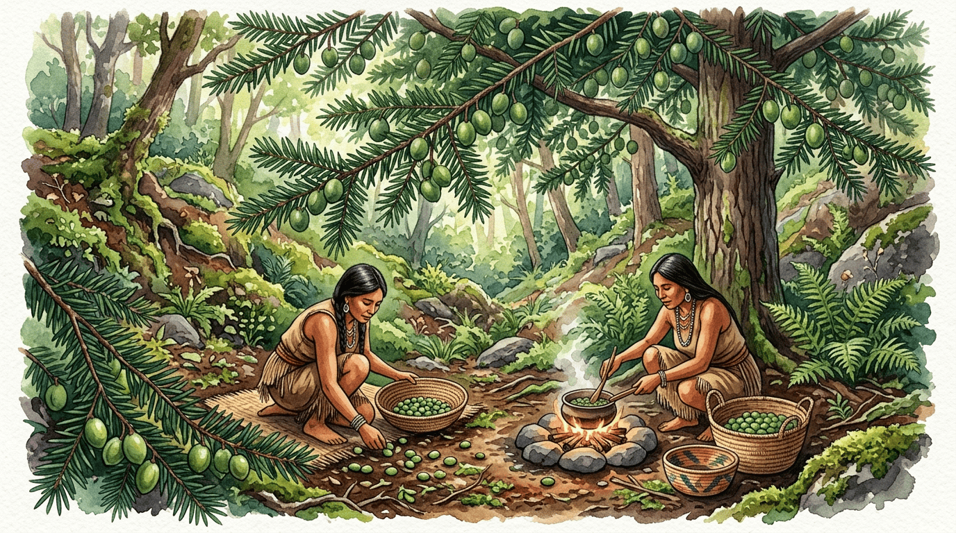 Escena histórica ilustrada de Torreya de California