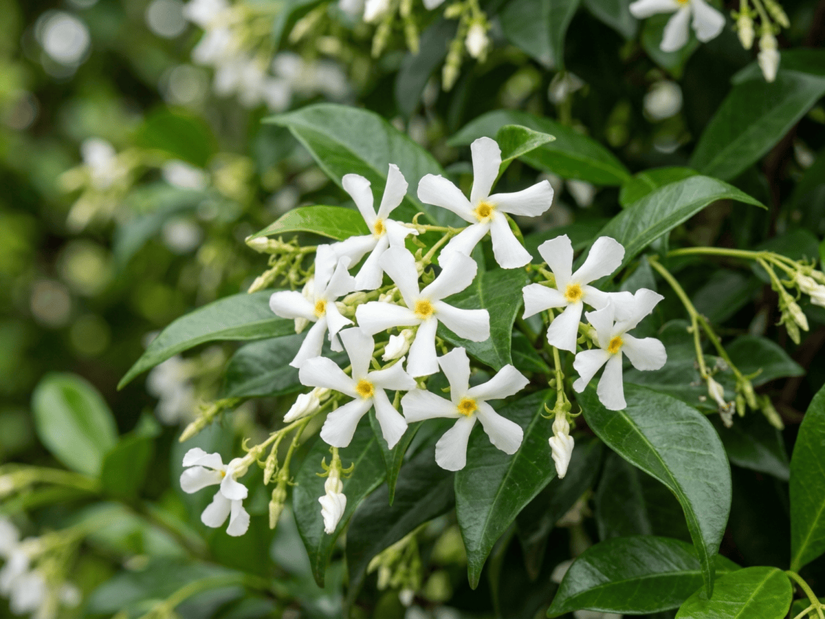 Sternjasmin — Nahaufnahme von Blättern und Blüten