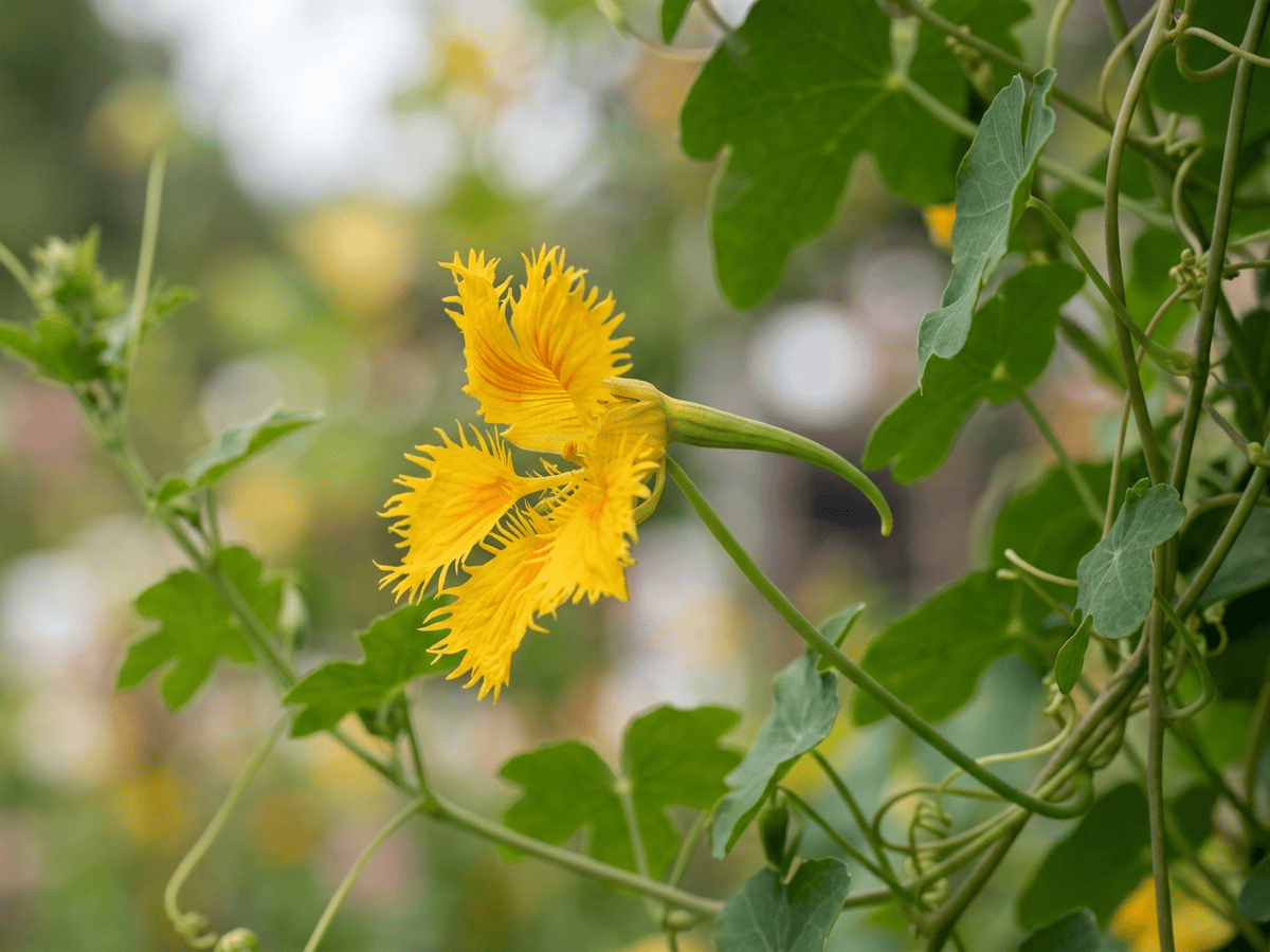 Nasturzio dei Canari — primo piano di foglie e fiori