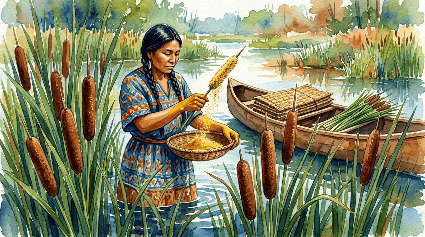 Illustrated historical scene for Broadleaf Cattail