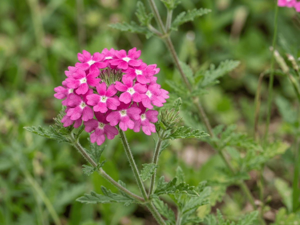 Verbena rosa — primer plano de hojas y flores
